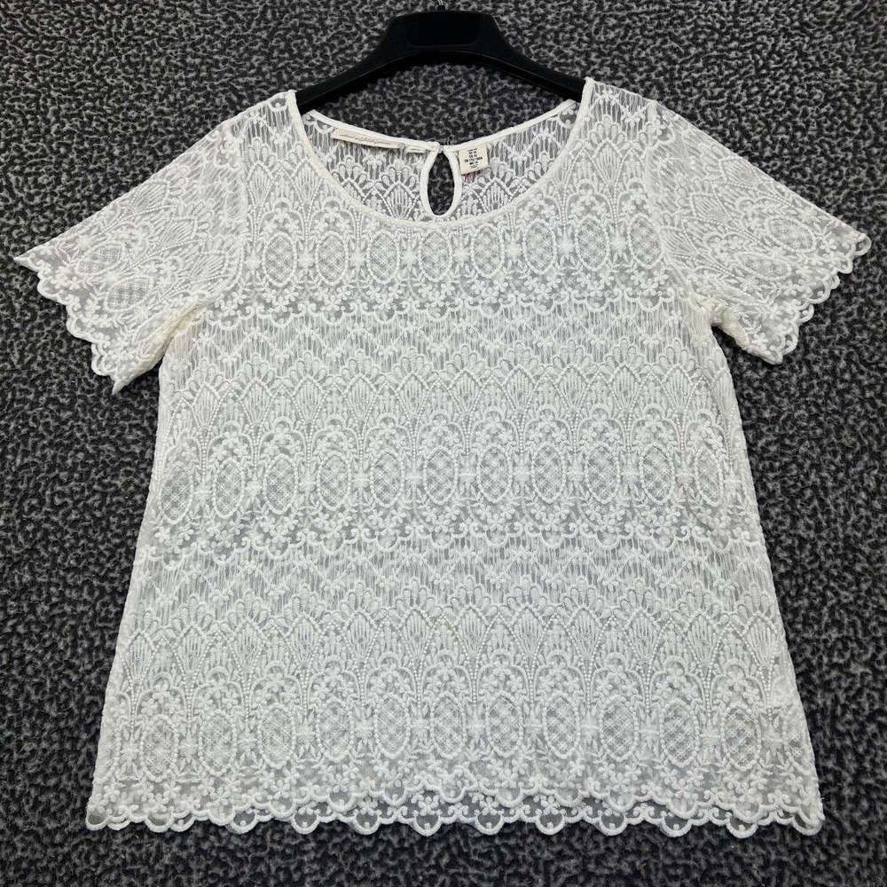 H&M Lace Blouse Women 14 White Floral Summer Top Short Sleeve Round Neck